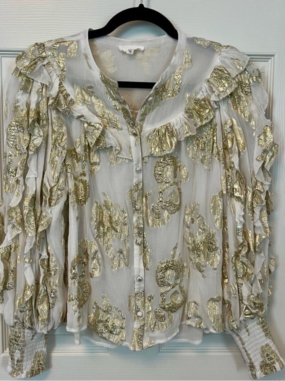A Loves A- Puff Sleeve White Metallic Hold Button Down Blouse. Size Medium. NWT